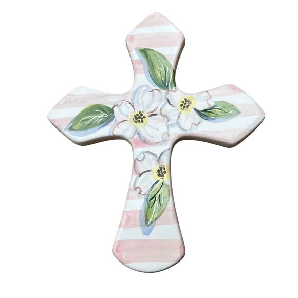 CERAMIC CROSS with Dogwood Blossoms & Pink Stripes/Wall Art Ready to Hang - Picture 8 of 10